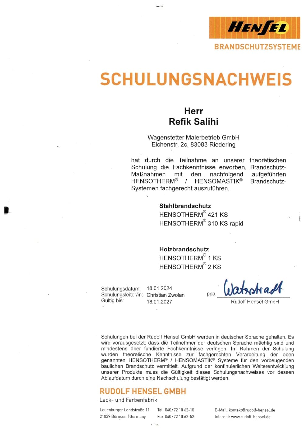 Stahl- und Holzbrandschutz Zertifikat