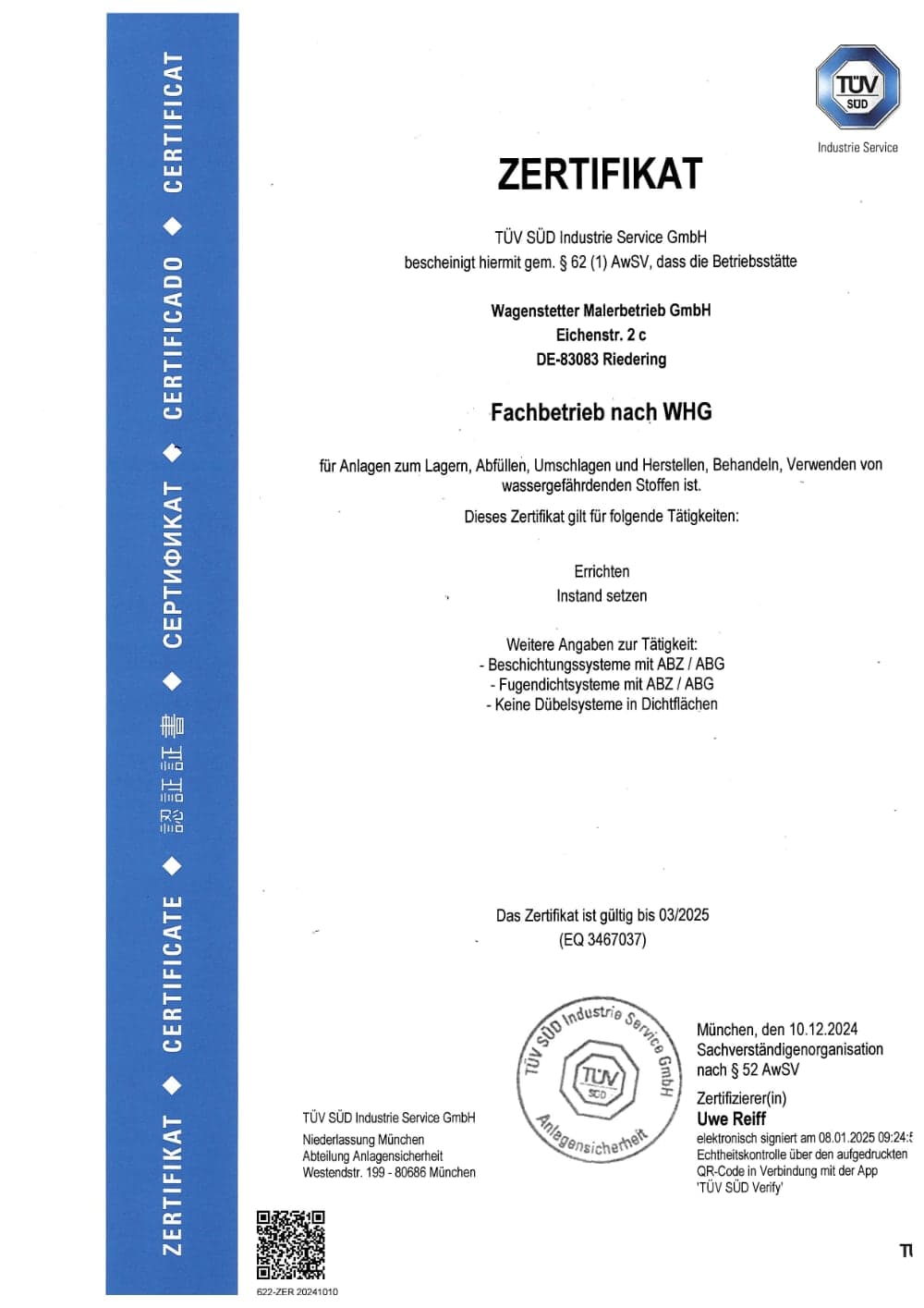 WHG-Zertifikat Betrieb